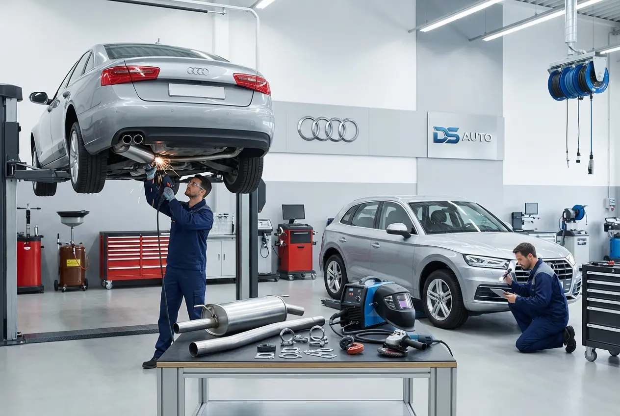 Ремонт глушителя с помощью сварки в автосервисе DS Auto Жуковский – качественное восстановление выхлопной системы Audi
