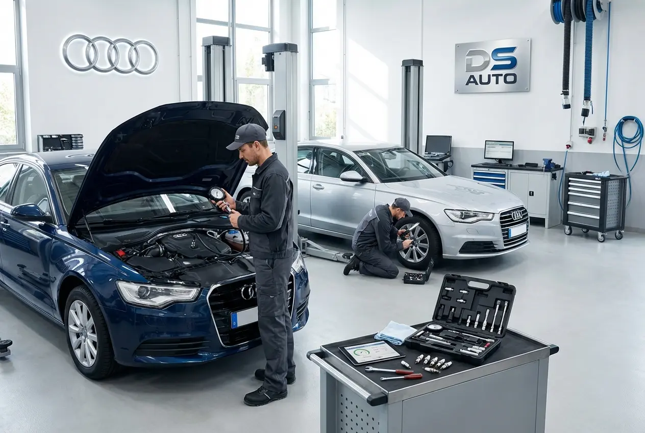 Процесс замера компрессии в двигателе Audi в автосервисе DS Auto в Жуковском
