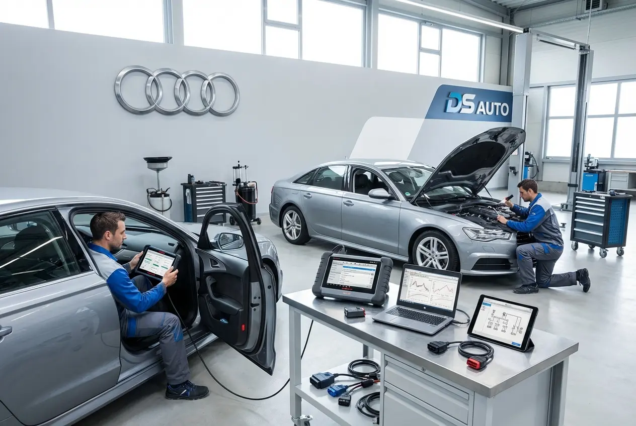 Диагностическое оборудование подключено к автомобилю Audi в автосервисе DS Auto Жуковский

